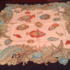 Nordstrom Brand Silk Scarf with Cream & Turquoise Shell Pattern